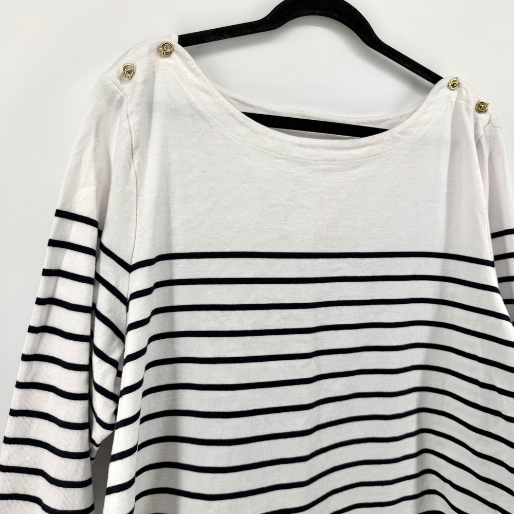 Talbots Plus Women's Size 3X Striped Cotton Boat Neck Top Gold‎ Knot Buttons - Picture 2 of 9
